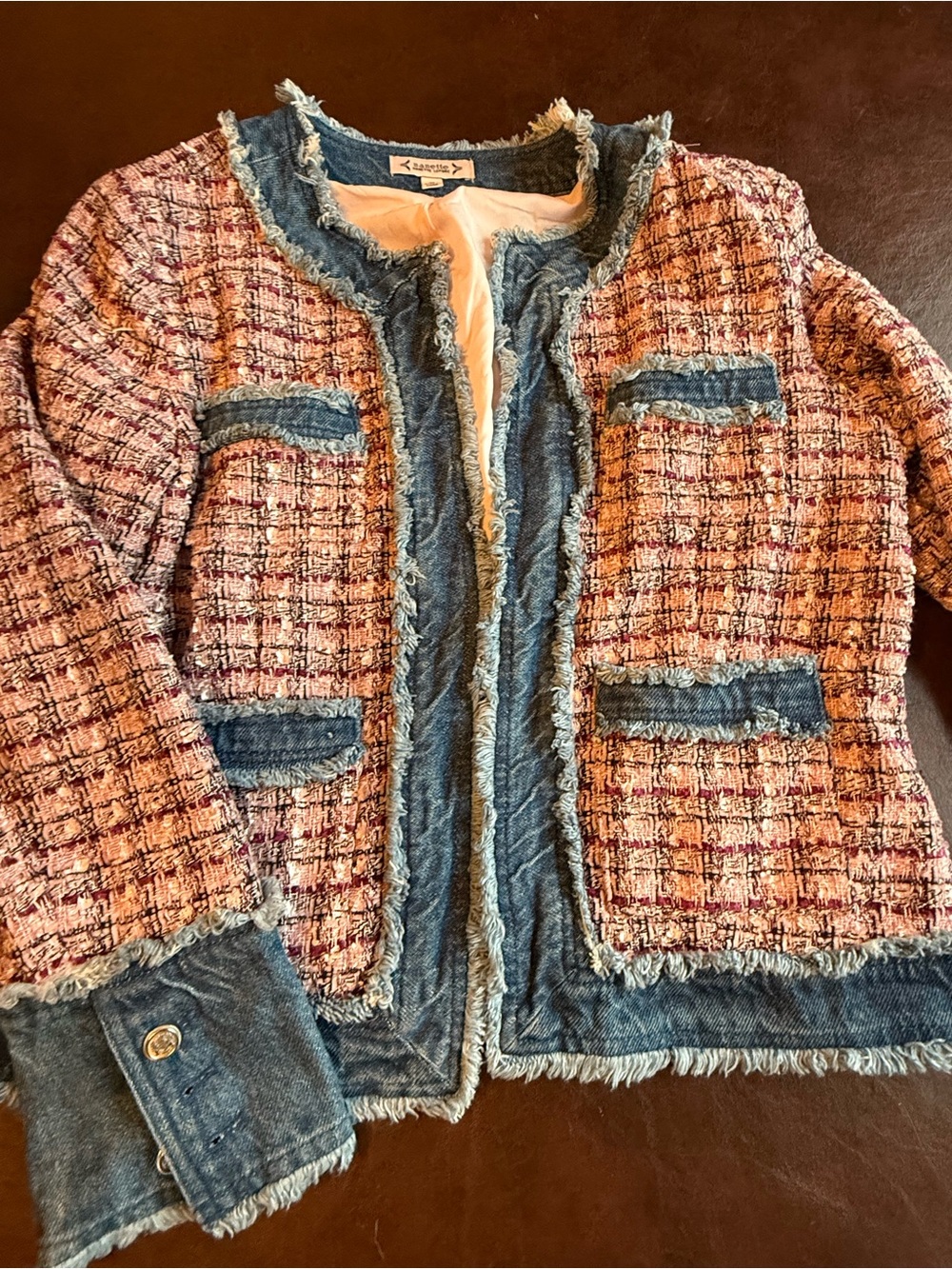Nanette Lepore Pink Tweed Blazer with Denim Trim
